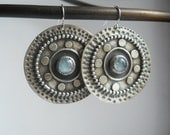 rainbow moonstone tribal disk earrings, sterling silver decorative earrings, white- blue gemstone earrings, dangle earrings, round