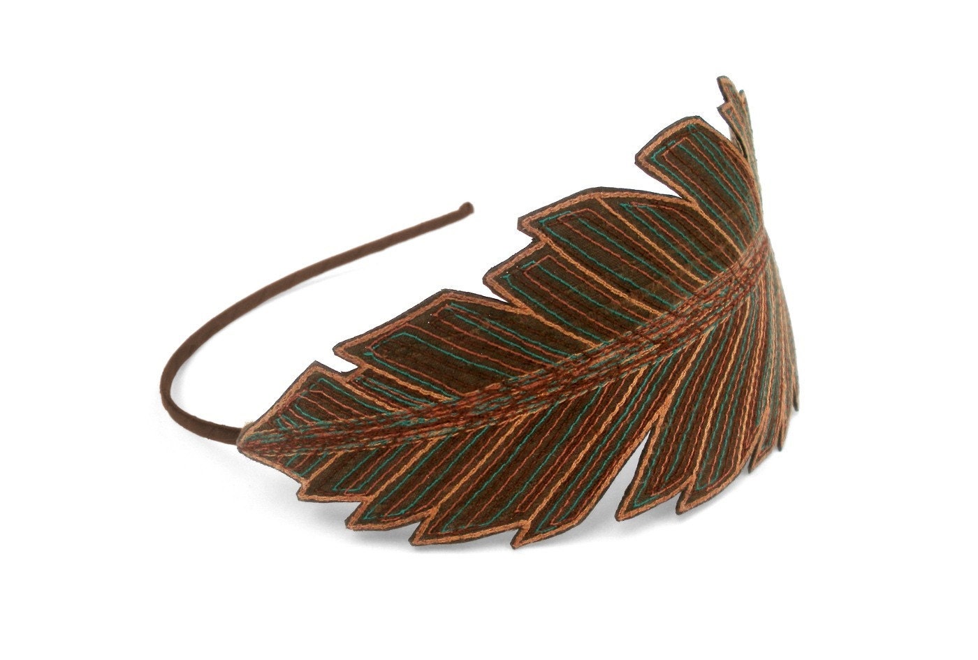 Feather Headband- Fashionably Unique Silk Fabric Feather- Brown Silk with Teal, Sienna, and Bronze Embroidery