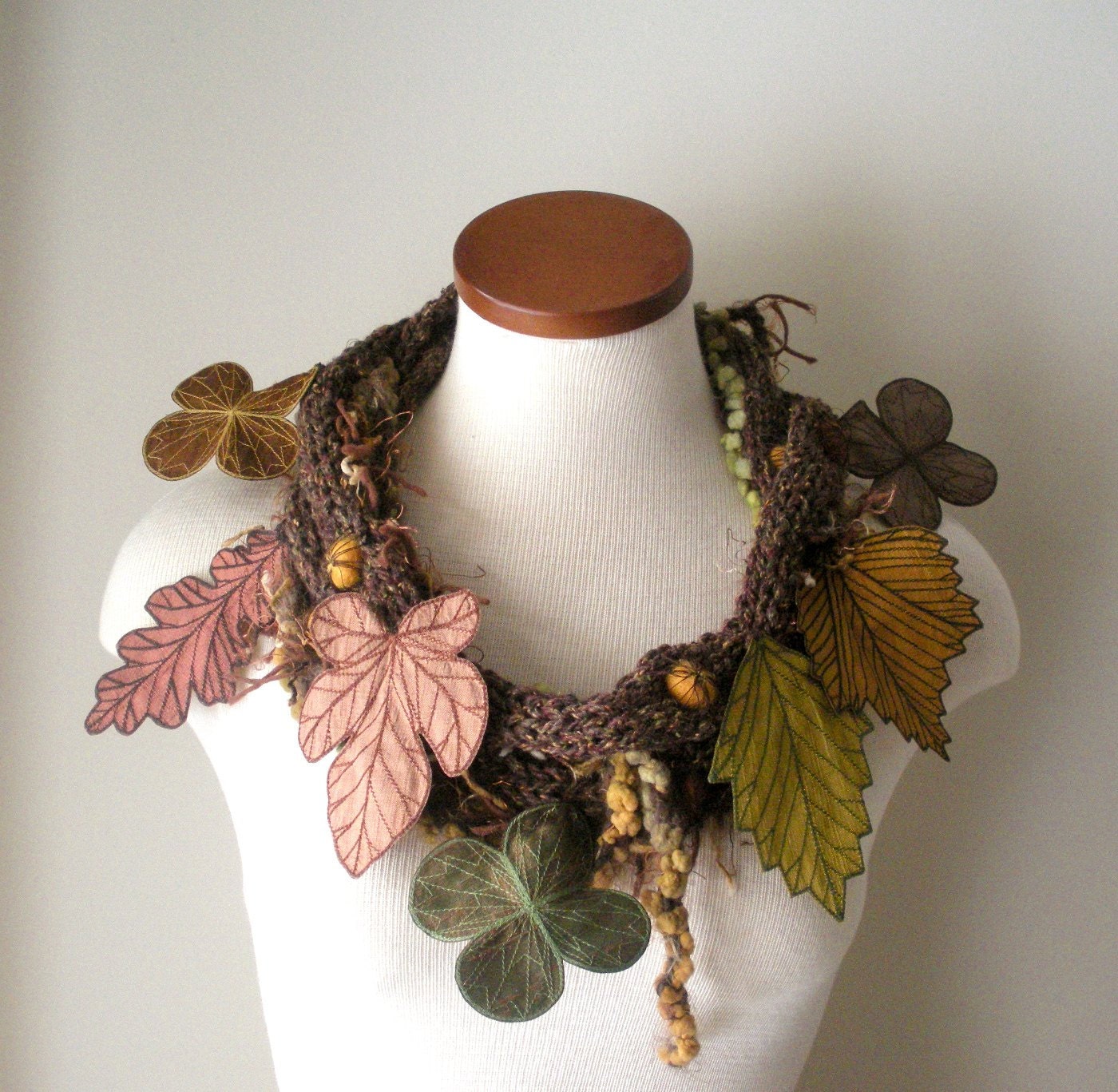 Leaf Scarf- Tweedy Brown with Mustard, Brown, Copper, and Golden Olive Embroidered Leaves- Fiber Art Scarf