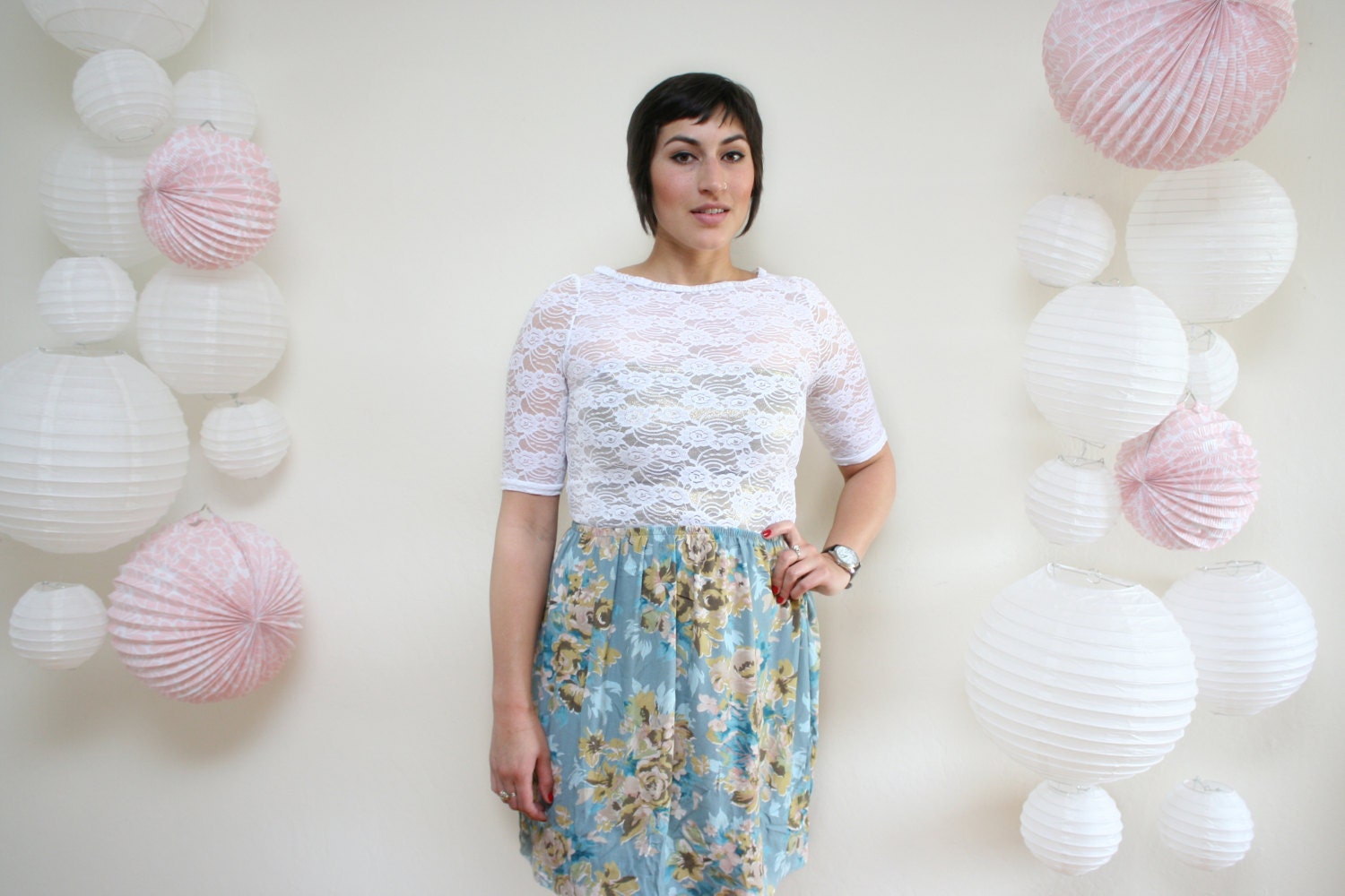 Vintage Mint Floral Skirt- Bold Teal Flowers Mini Skirt