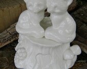 Love Foxes  Cake Topper Wedding in a tree stump W heart and  mushrooms too- Ceramic White Glazed Fox couple decoration