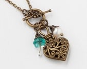Handmade Jewelry Necklace gold filigree flower vintage puffed Heart charm blue glass flower pearl Neo Victorian pendant Valentines Gift 1105