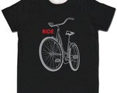 Reflective Black Ride a Bike Shirt, rad short sleeve screenprint t-shirt, safe light reflector tee for baby and child