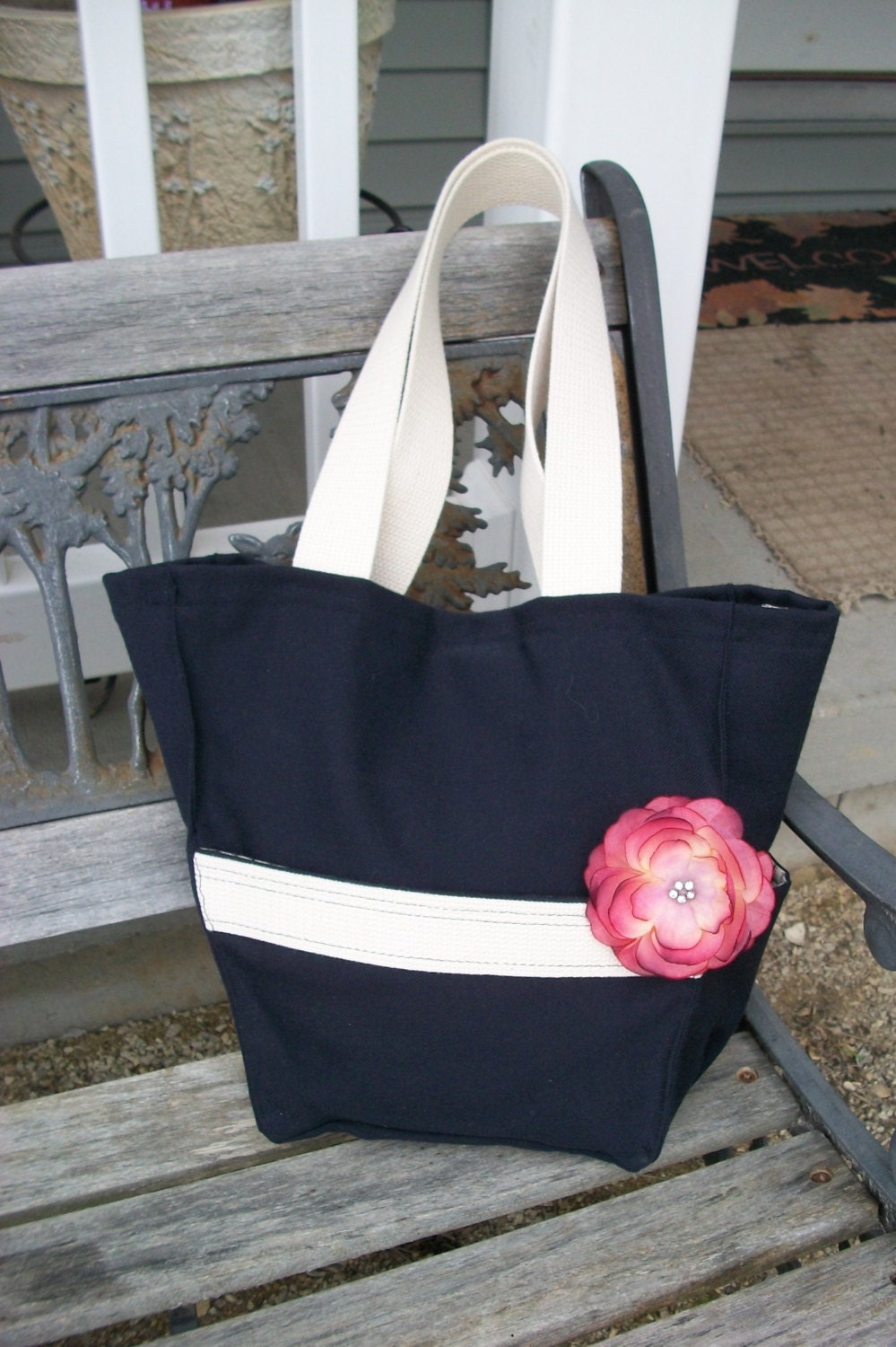 FREE SHIPPING SALE one of a kind nautical canvas bag navy blue, with heavy duty cream canvas straps. Great for baby shower or graduation