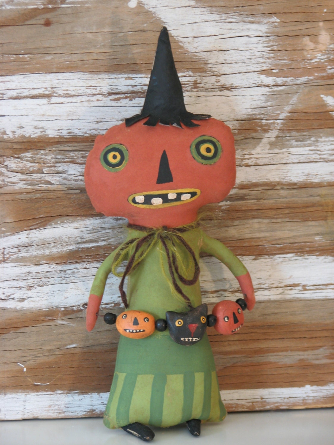 Primitive Folk Art DOLL Pumpkin Head with Black Cat Garland