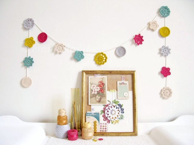 Mavis crochet flower garland, granny chic, autumn wedding decor in mustard, teal, grey, pink & beige - MADE TO ORDER, by Emma Lamb
