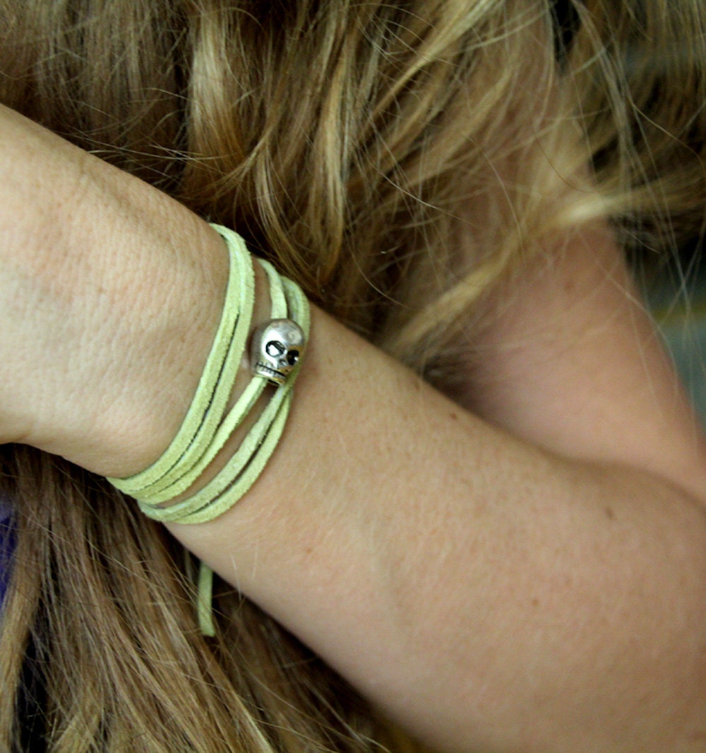 wrap bracelet pirate skull bracelet hipster leather cord wrap suede boho bohemian chartreuse green jewelry letterhappy etsy summer fashion