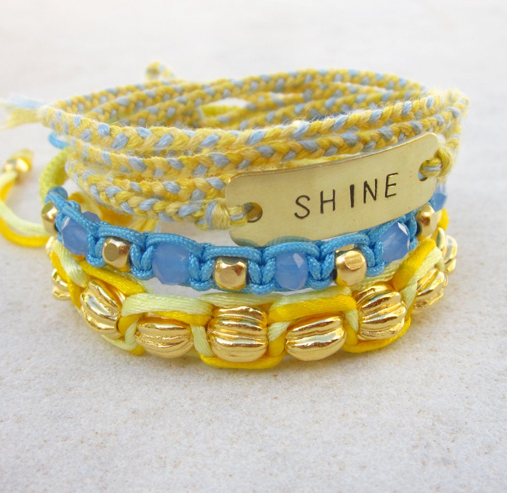SHINE gypsy bracelets bohemian stacking friendship bracelets macrame beaded hand stamped bracelets crystals gold beads yellow blue