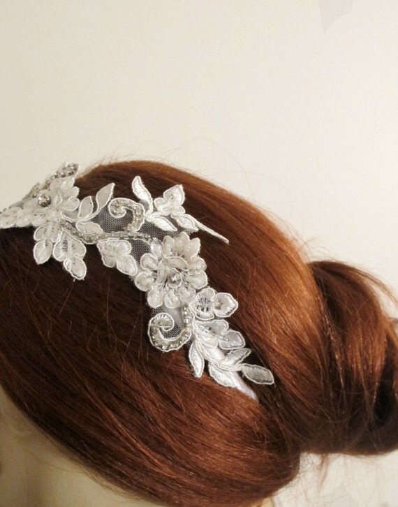 Rhinestone Beaded Lace Bridal Headband White off White Wedding Accessories Headpiece