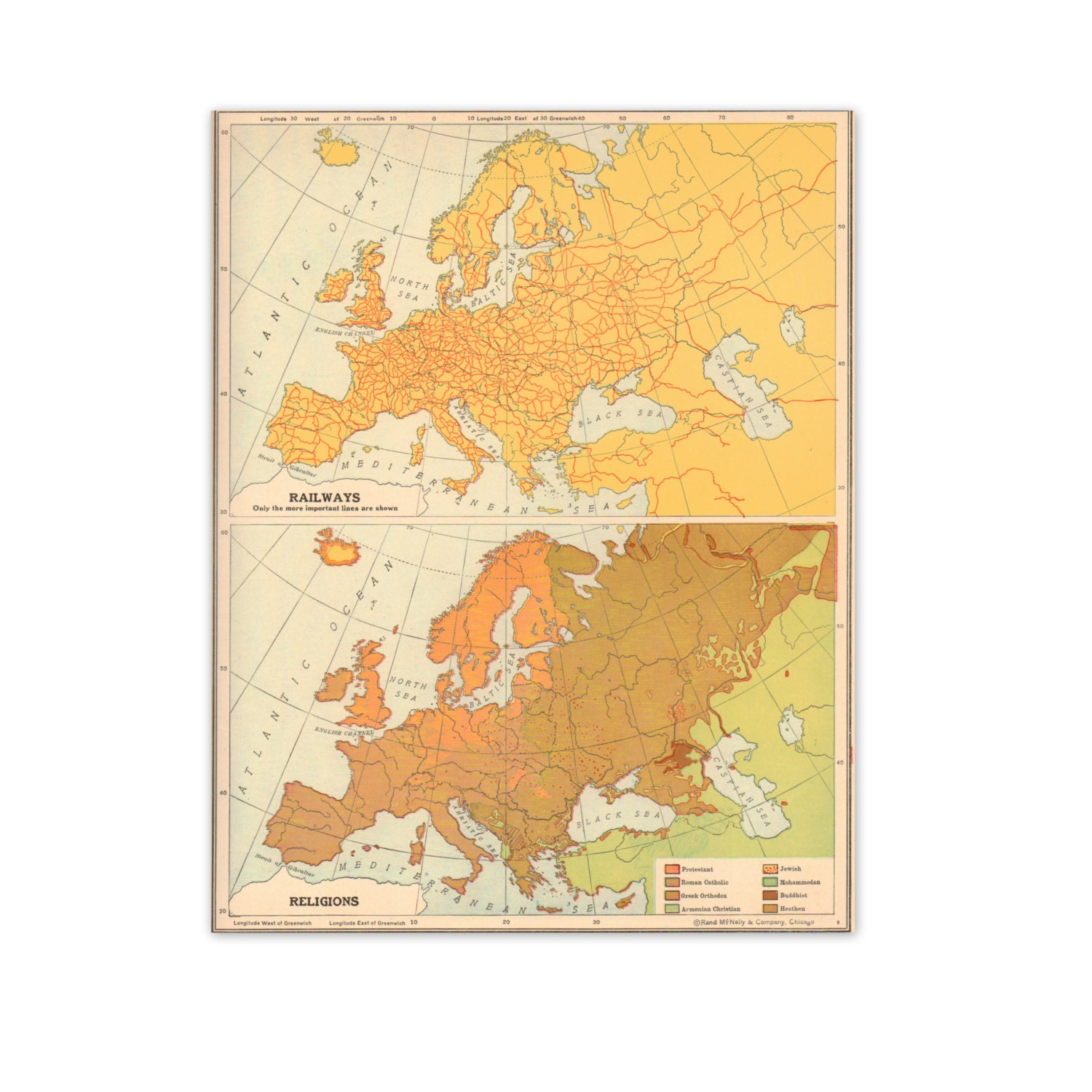 Vintage 1940s Map of European Railways and Religions. 8" x 10". Ready to Frame. (No. 806) - GraceArchives