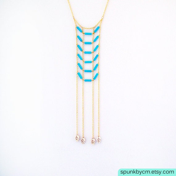 Turquoise Magnesite Fringe Chest Plate Gold Chain Tribal Necklace with White Leaves
