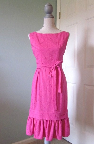Vintage Style Dress Hot Pink Linen Embroidered Flowers 1960s OOAK