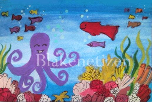 Nursery Painting Mr Octopus In the Enchanted Reef Art Print on Card Stock 8.5 x 11