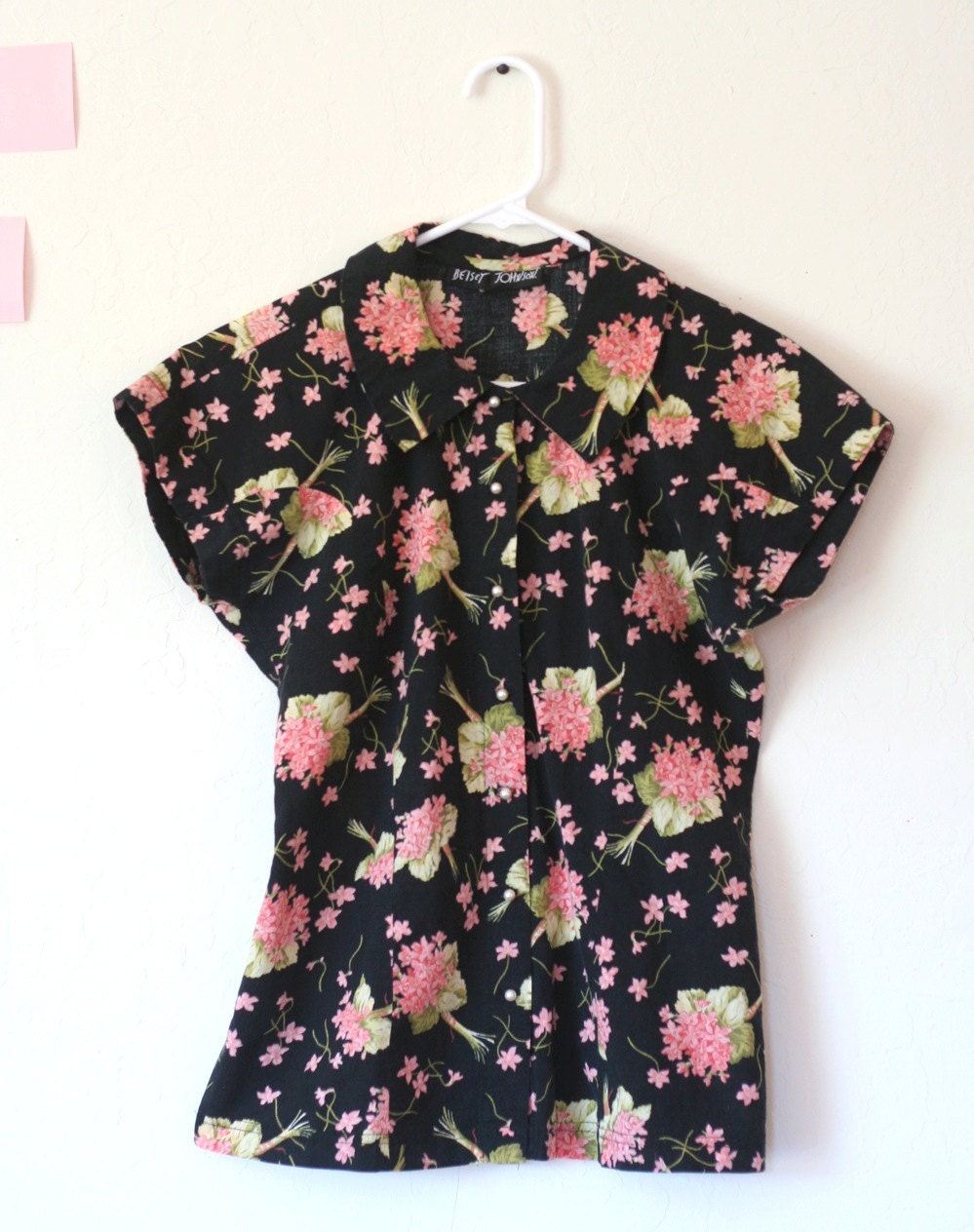 Black Pink Cotton Floral Print Shirt Blouse Vintage Betsey Johnson 80s