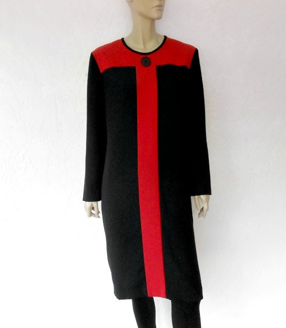 80's Vintage Dress, Color-blocked Black & Red Wool Dress