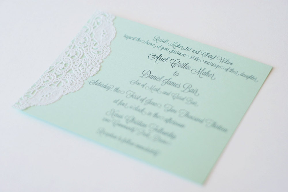 Custom Mint Green and Lace Doily Invitations - Shabby Chic - Handmade - Wedding - Baby or Bridal Shower  - Engagement Party