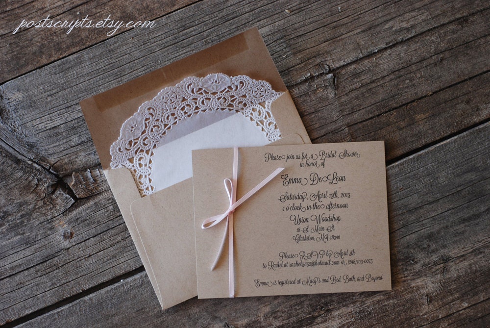 Custom for Kelsey - Vintage Ribbon Wedding Invitations - Script - Lace Doily - Baby or Bridal Shower - Rustic Party - Shabby Chic