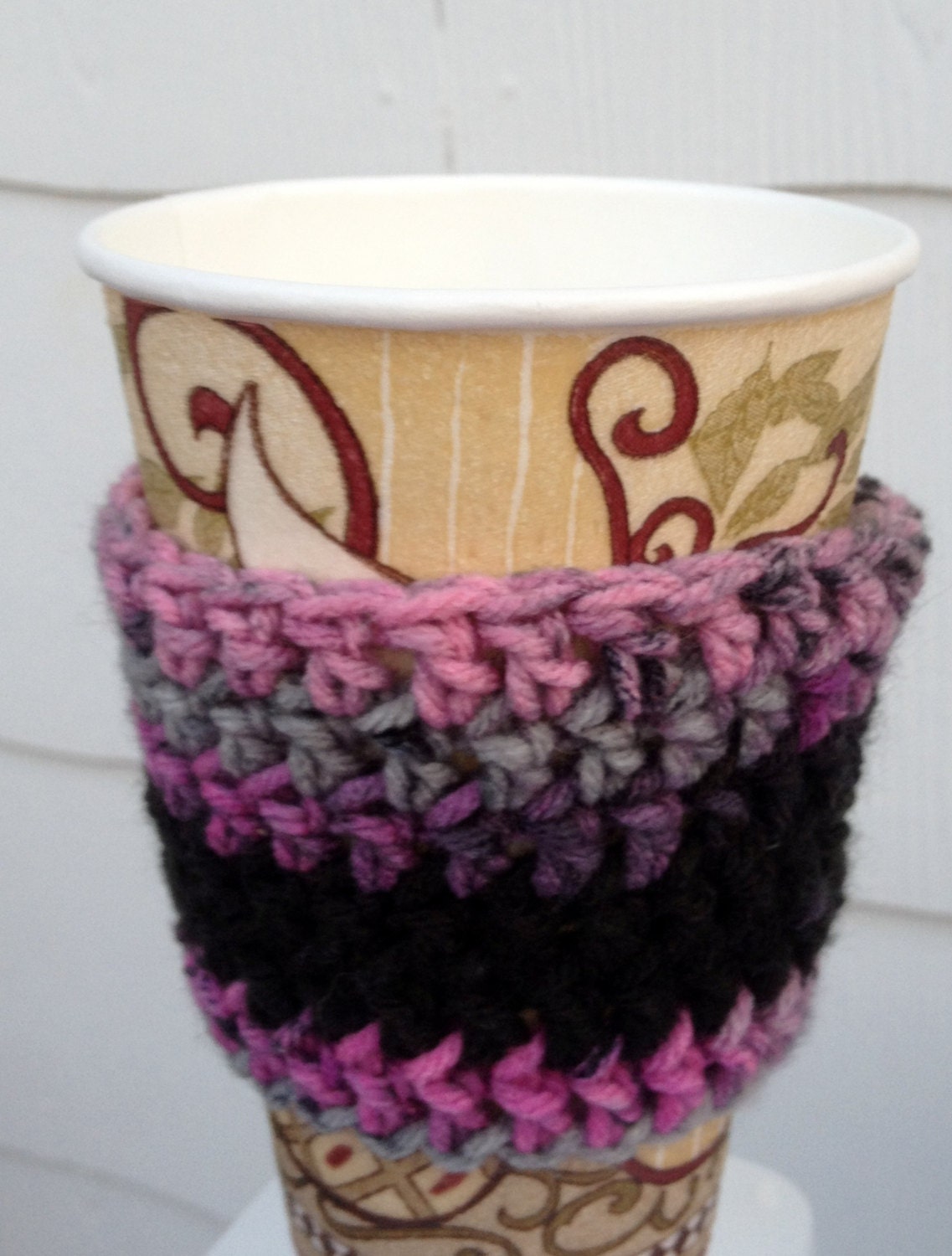Summer Sale 20% off w/ code "Summer"  Pink, Grey and Black Striped Coffee Sleeve  Doubles as a wrist band or bracelet