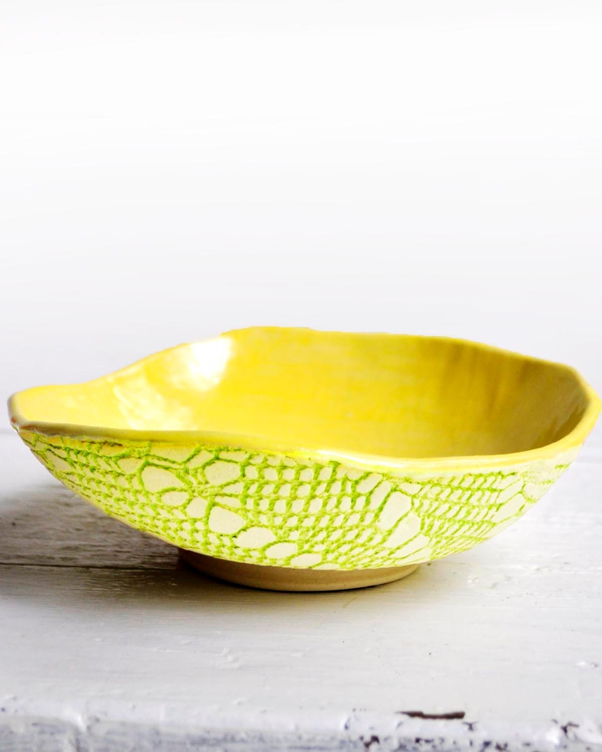 sculptural Ceramic Bowl Textured Lace Serving Bowl in Yellow and Chartreuse handmade stoneware