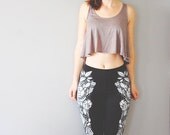 Carmen Legging - Black with White - Romantic floral Printed Leggings Tights Printed flower Leggings - by Bark Decor