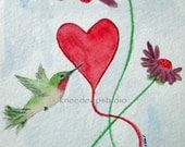 Hummingbird painting 8x10 fine art print from original watercolor spring romance heart wall decor