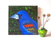 Original Bird painting Blue Grosbeak 8x8 fine art on canvas colorful wall decor