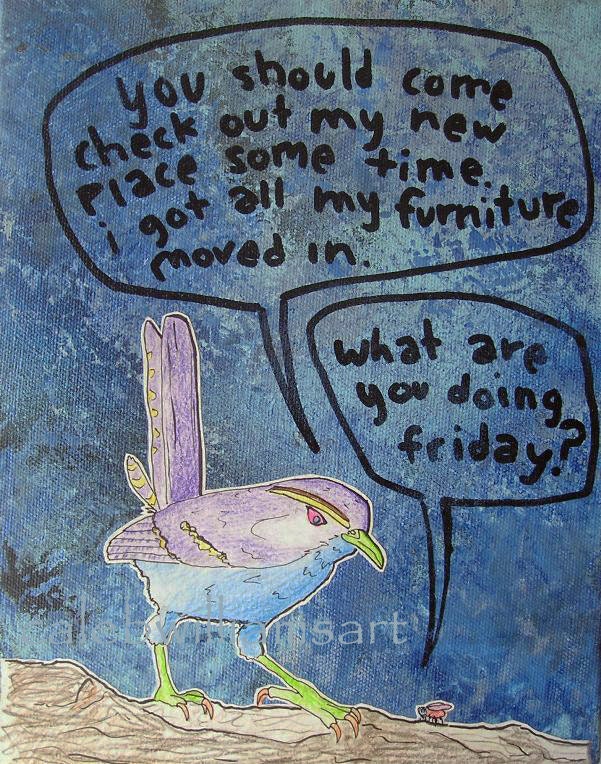 Housewarming Gift Painting Modern Mixed Media 8x10 art geek whimsical Bird and Fly wall decor on canvas