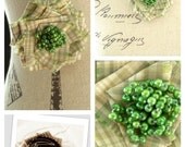 Irene Brooch Pendant Necklace. Green plaid and emerald beaded fabric flower on long chain necklace handmade by Cardinal House in Atlanta.