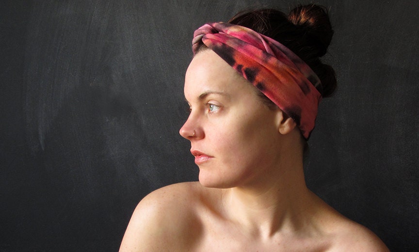 Turban Stretch Headband.  Pink and Black Tie-Dye.
