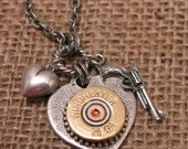 Shotgun Casing Jewelry - Shot Through the Heart - Silver Heart Pendant w/ Winchester 28 Gauge Shotgun Shell, Gun & Heart Charm
