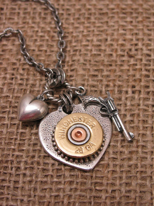 Shotgun Casing Jewelry - Shot Through the Heart - Silver Heart Pendant w/ Winchester 28 Gauge Shotgun Shell, Gun & Heart Charm
