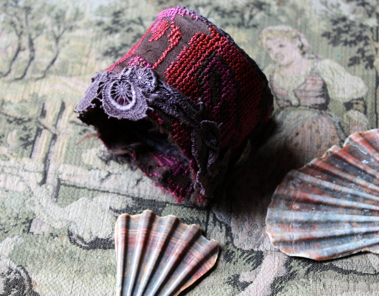 Urchin, a Fiber Art Cuff in Raspberry and Chocolate Bedouin Hand Embroidery and Lace