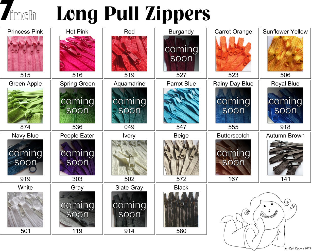 7 Inch 4.5 Ykk Purse Zippers with a Long Handbag Pulls Mix and Match Your Choice of 50 Zippers- New Colors Added-