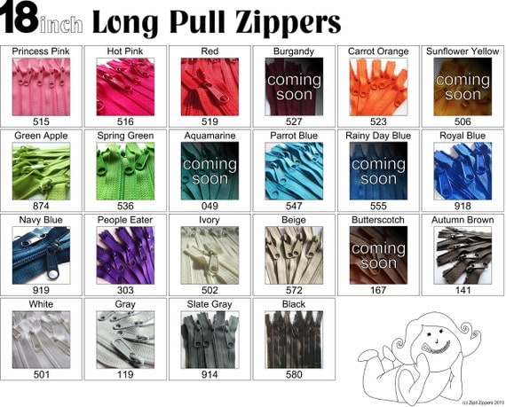 Zippers - 18 Inch 4.5 Ykk Purse Zippers with a Long Handbag Pulls Mix and Match Your Choice of 25 Zippers- New Colors Added-