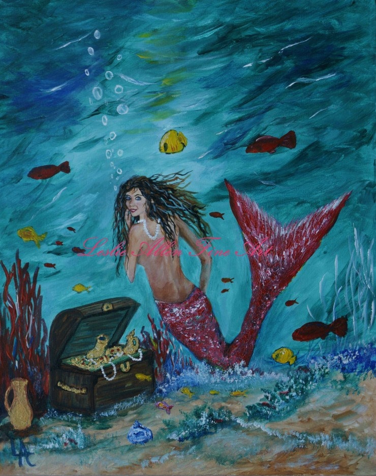 Mermaid Original Canvas Painting Mermaids Salmon Pink Treasure Chest Ocean Seascape Fantasy "Mermaids Treasure" Leslie Allen Fine Art