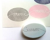 merci rubber stamp. oval rubber stamp. hand carved rubber stamp. hand carved stamp. READY TO SHIP