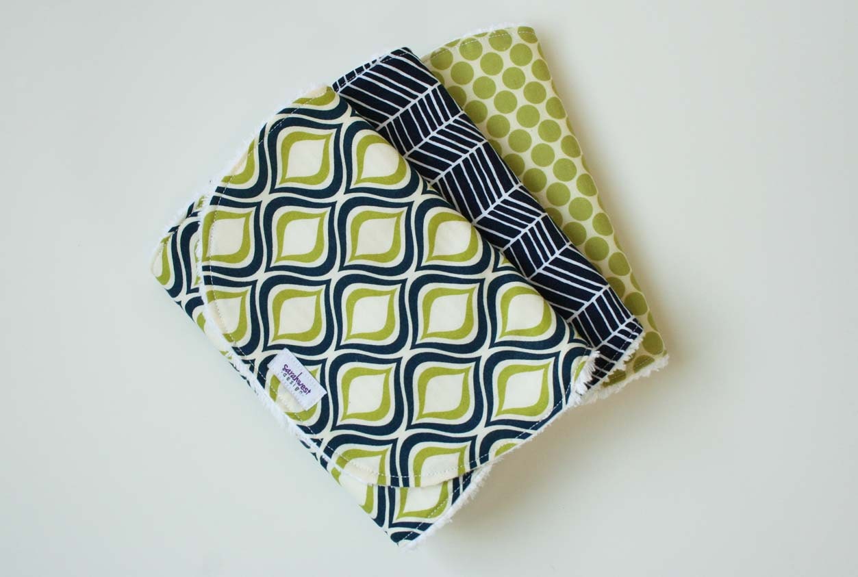 Baby Boy Burp Rags - Blue and Green baby burp cloths - Set of 3