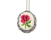 Vintage Needle Point Rose Cameo Necklace/Brooch