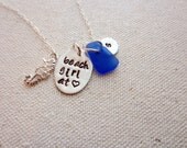 Beach Girl Personalized Charm Necklace with Sterling Silver Seahorse, Cobalt Sea Glass and Initial Charm, Hand Stamped Sterling Oval, Ocean