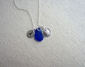 Personalized Charm Necklace with Sterling Silver Sand Dollar, Cobalt Blue Sea Glass, and Initial Charm Made to Order Wedding Bridesmaid Gift