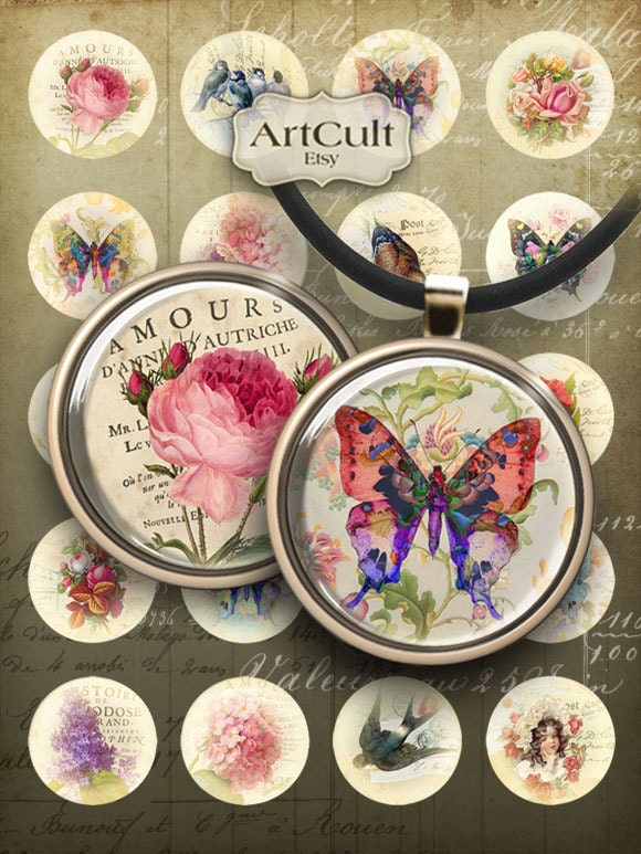 VINTAGE MIX CIRCLES - Digital Collage Sheet 1 inch size / 1.5 inch size images for pendants, magnets, round bezels, paper scrapbook