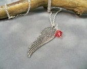 Silver Angel Wing Necklace, Dark Pink Crystal Necklace,  Angel Wing Pendant, Pendant Necklace, Pearl and Crystal Dangle,Chain