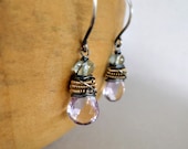 Gemstone Earrings, Moss Aquamarine, Pink Amethyst, Oxidized Silver, Gold, Wire Wrapped, Kande Kristina Henning - Hadley
