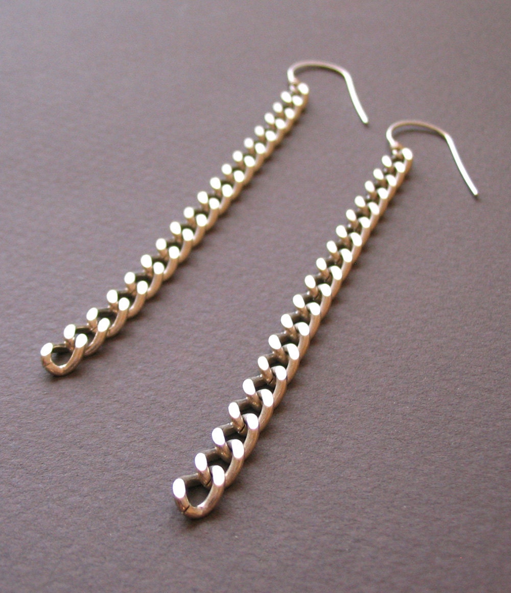 Long Dangle Chain Link Earrings, Silver, Rocker Chic - Chain Gang Earrings