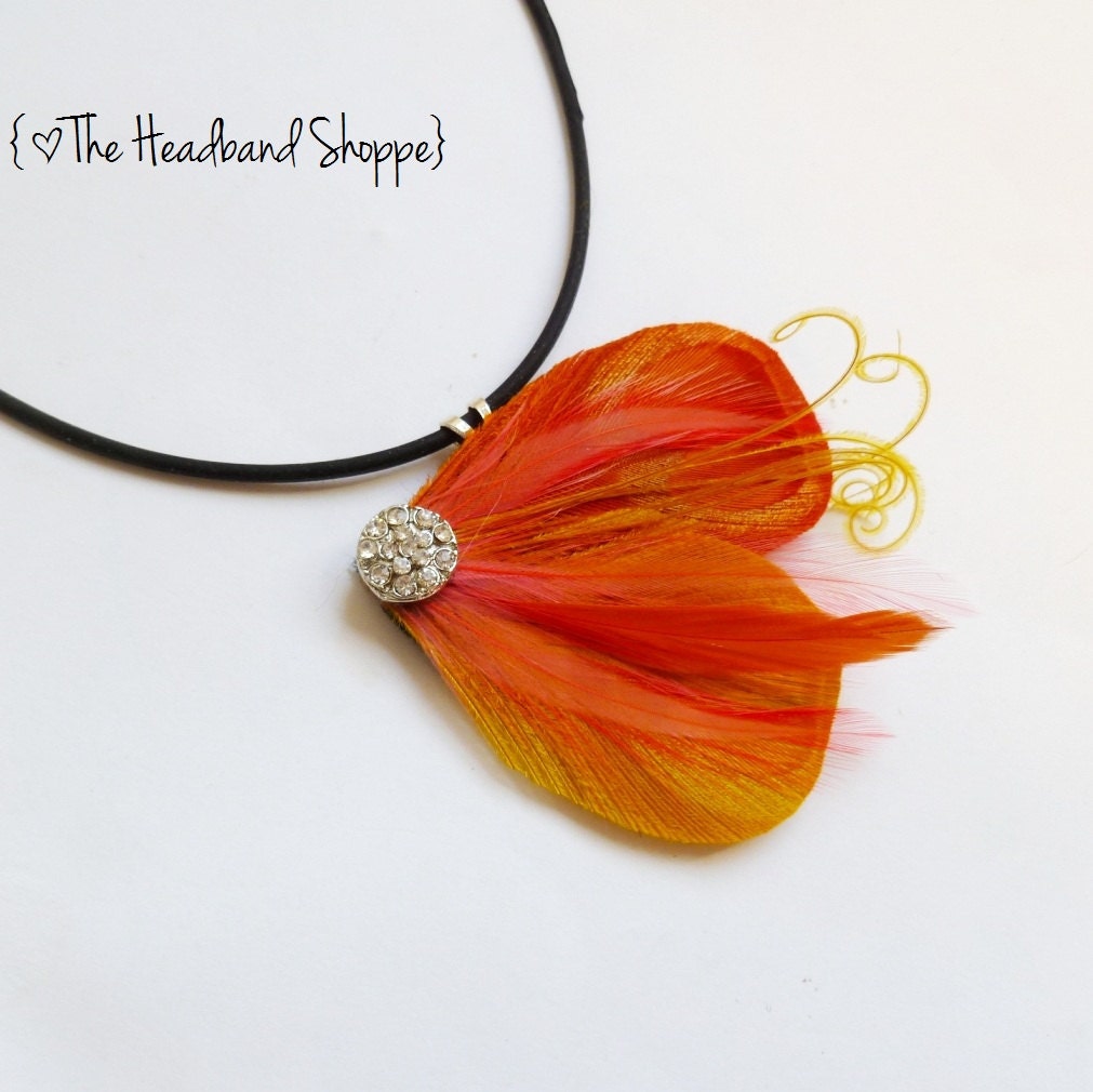 Peacock Feather Necklace -SUNSET- Peacock Necklace Made orange yellow and coral peacock feathers