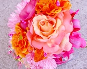 Coral Pink Bridal Bouquet, Orange Wedding Flowers Crystals