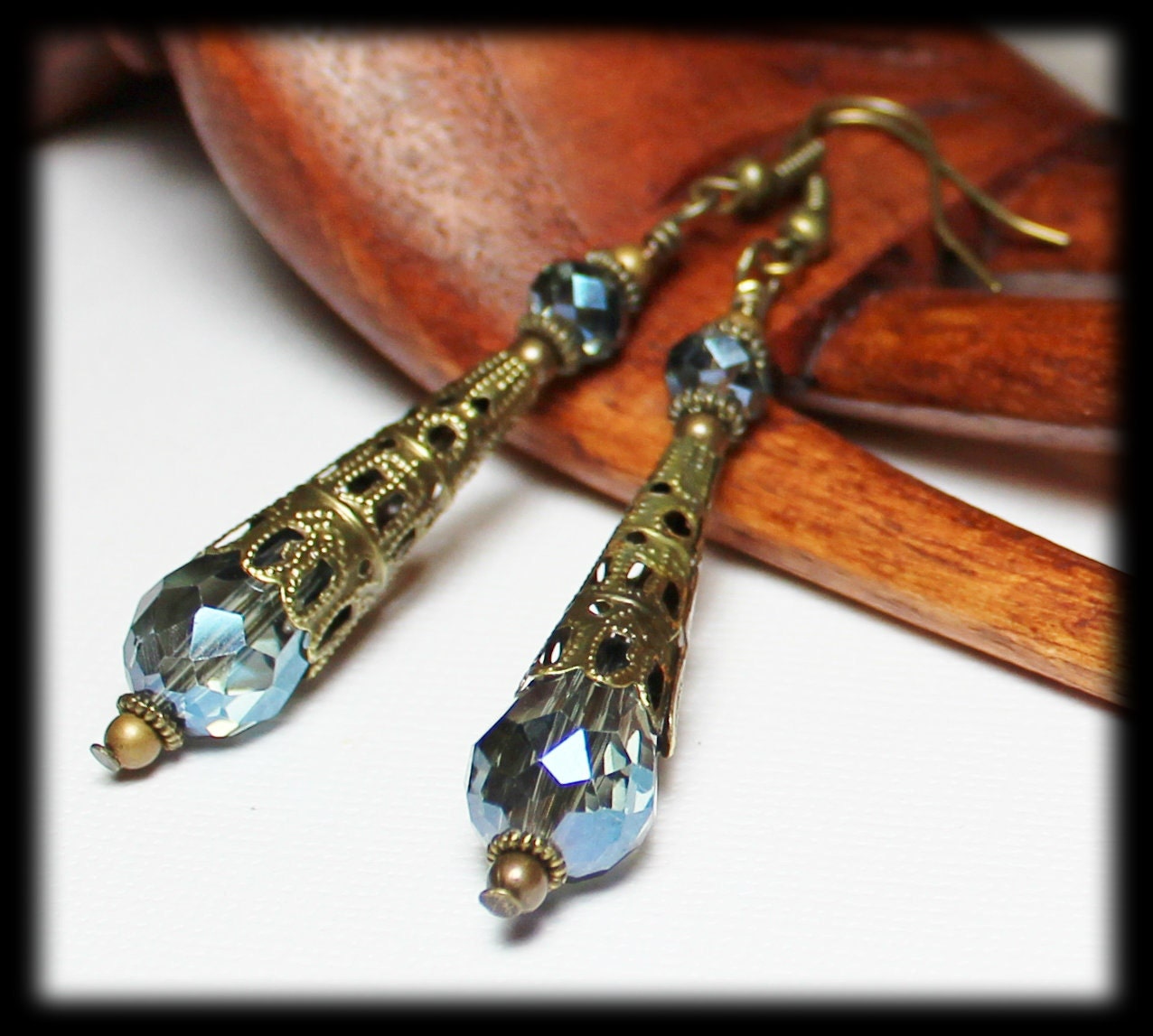 Handmade Jewelry Earrings Beaded Crystal Denim Blue Antique Brass Sparkly Long Lightweight Cones Filigree Metal Wires...Singing the Blues