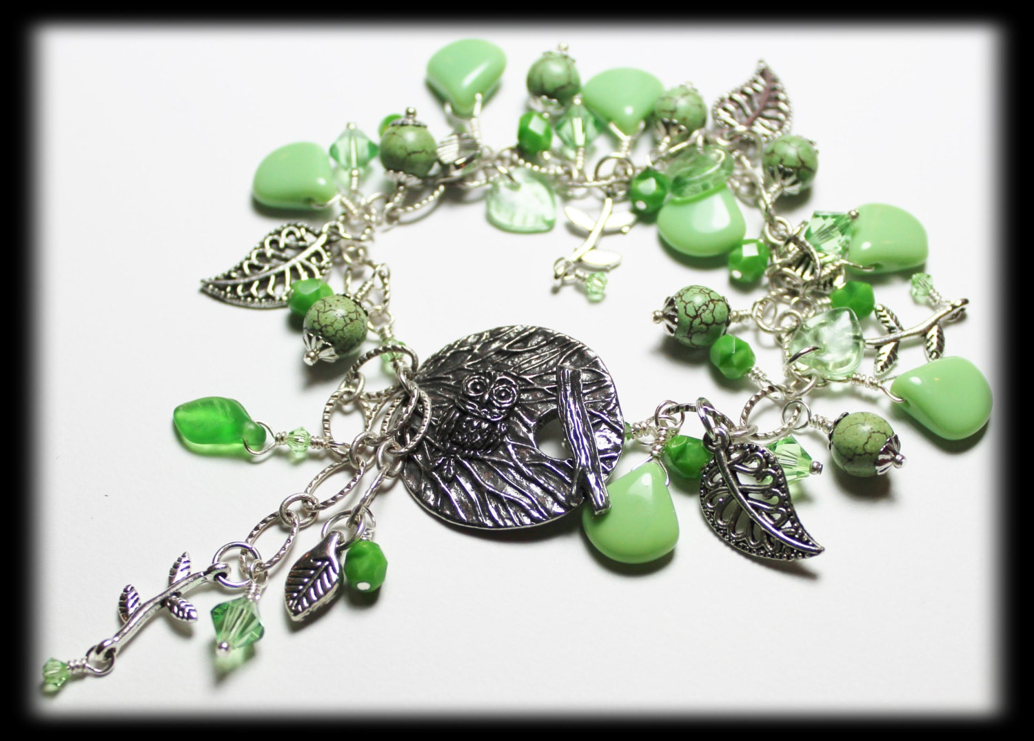 Handmade Jewelry Bracelet Beaded Cha Cha Owl Branch Leaf Leaves Crystal Gemstone Glass Spring Green Silver Earthy...Springtime Promise