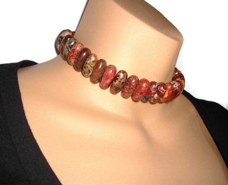 Brown Jasper Stone Necklace -  Big Chunky Variegated Beaded Statement - Ethnic Boho -  InVintageHeaven