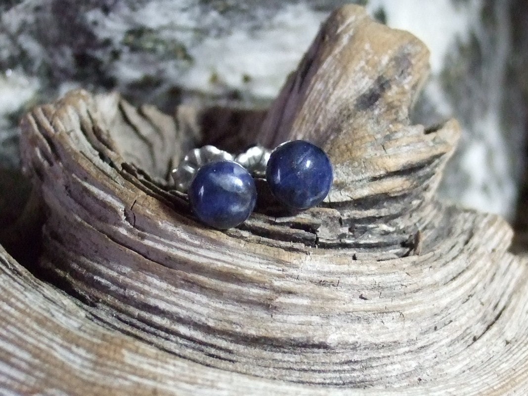 Sodalite 6mm Stud Earrings Titanium Made in Newfoundland Deep Blue Hypo-Allergenic